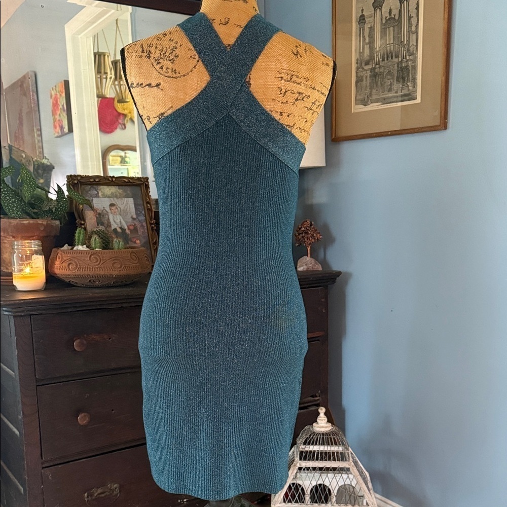 Sincerely Jules Metallic Teal Ribbed Halter Bodycon Mini Dress NWT Medium - Picture 14 of 14